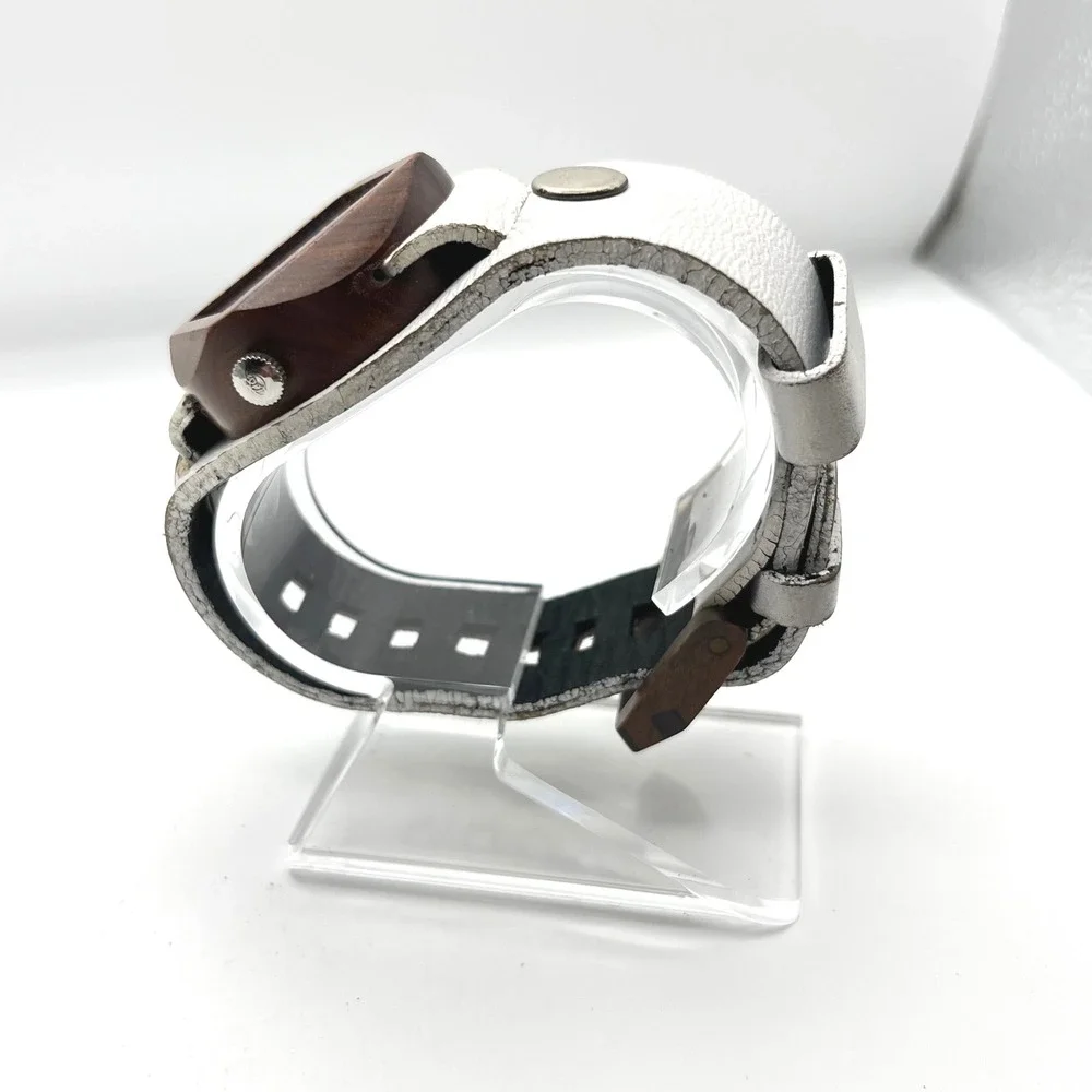 Mistura Wood Watch Square Case White Leather‎ Cuff Strap Artisan Handcrafted